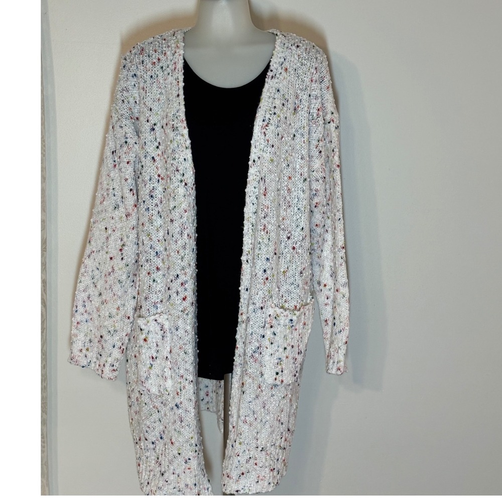 Confetti Speckle‎ Knit Longline Cardigan Sweater Women XL White w/ colors